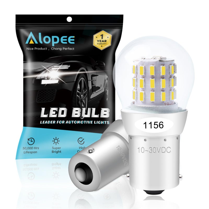 Alopee 1156 LED Bulb White Super Bright Non Polarity DC 9-30V Replacement for P21W 7506 1141 5008 Reverse Turn Signal Brake Lights Motorcycle Lawn Tractor Light, Pack of 2 - Image 1